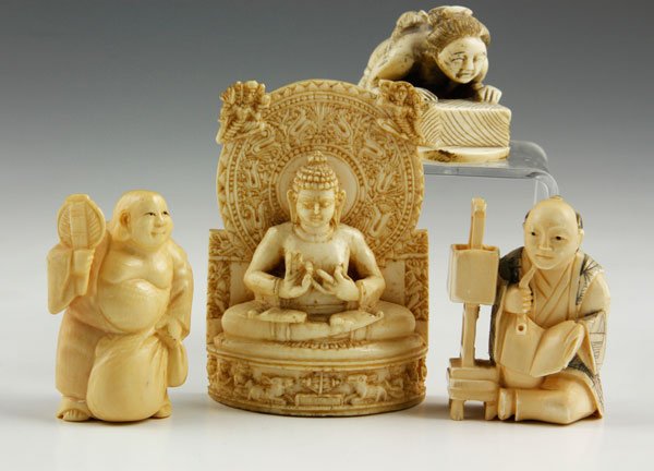 Group of 4 Ivory Items: Group of four carved ivory items, three Japanese netsukes, one Buddha, largest 2 3/4".