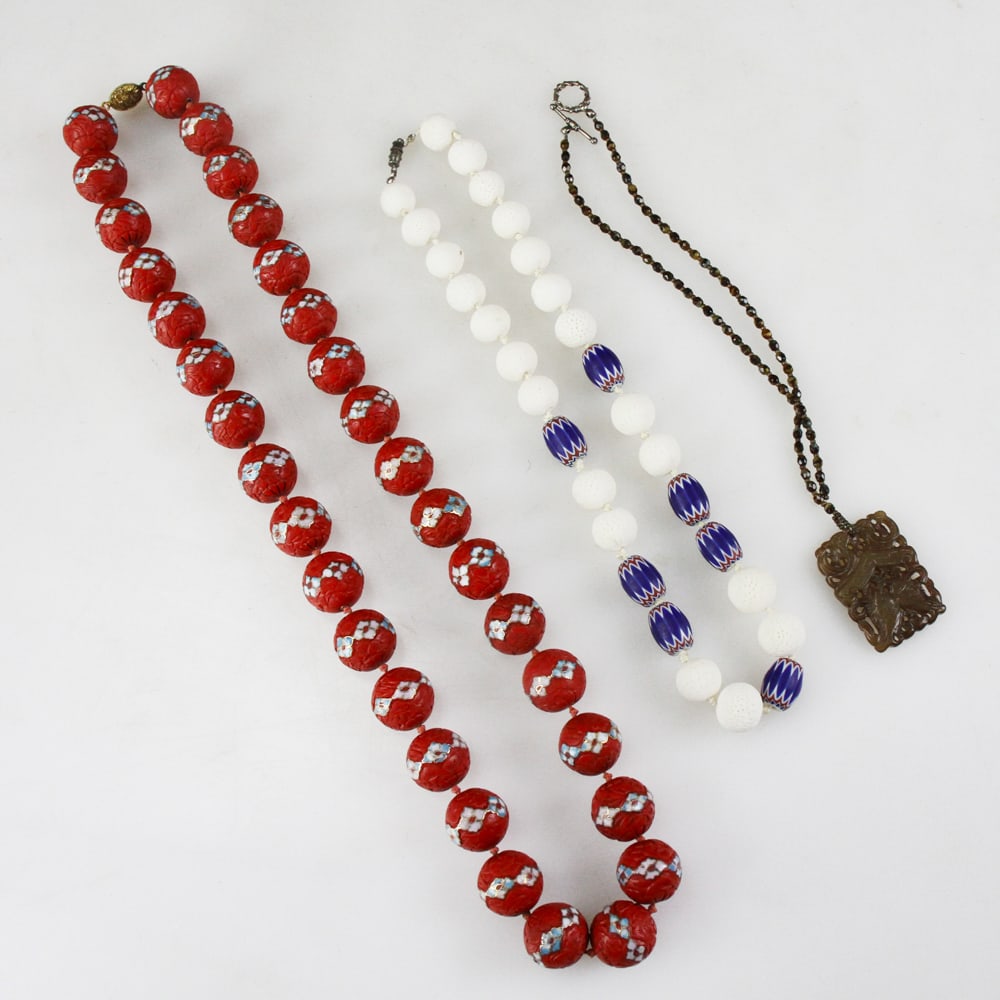 Group of Necklaces, Chinese Cinnabar, Jade, Coral (1 of 10)