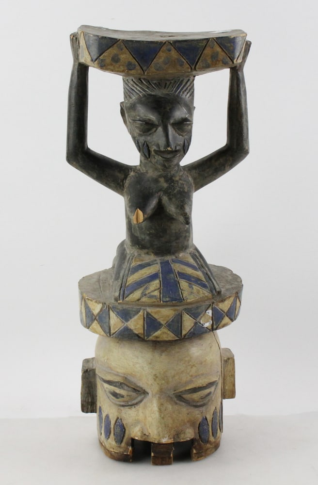 Early 20thC West African Yoruba Caryatid Stool: Early 20th century West African Yoruba Caryatid stool, possibly Nigerian carved wood with added pigment, significant cultural artifact, 26" H. Provenance: Palm Beach, Florida estate.