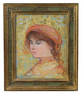 Edna Hibel, Portrait of Girl with Hat, Oil on Board: Edna Hibel, portrait of girl with hat, oil on board, signed L/R, 1984, 10" x 8", framed 13" x 7". Provenance: West Palm Beach, Florida collection.