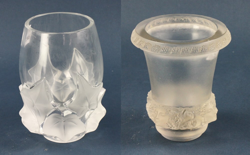 Lalique Maple Leaf Vase, with Small Vase: Lalique maple leaf vase, 7", with small vase, 6 " x 4 3/4". Good condition. Provenance: Palo Alto, California collection.