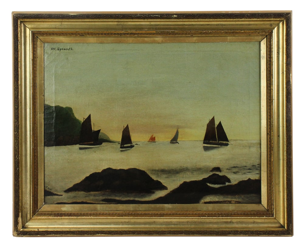 Primitive Sailboats Off Eyemouth, Oil on Canvas: Primitive sailboats off Eyemouth, oil on canvas, initialed WTNP, framed 24" x 30". Provenance: Worcester, Massachusetts collection.