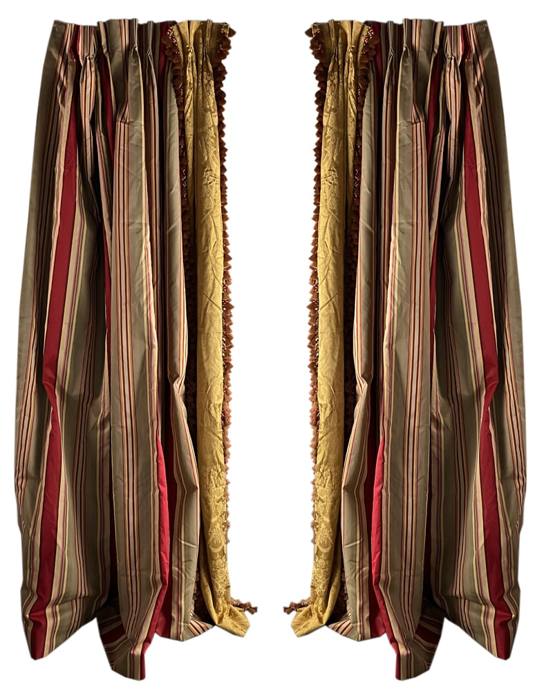 Fancy Striped Lined Drapes: Fancy striped lined drapes, 106" x 43", lot of (2). Provenance: Palm Beach, Florida estate.