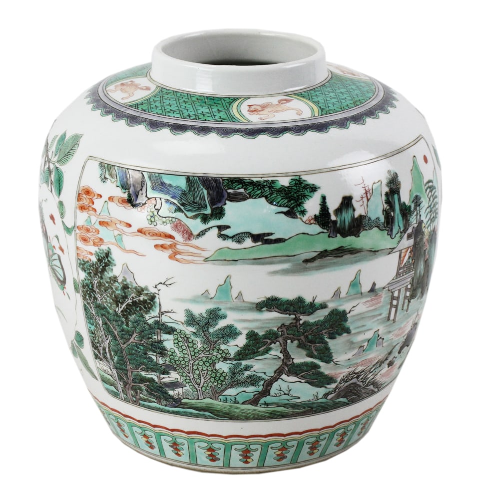 Chinese Famille Verte Jar: Finely potted jar decorated with two opening panels depicting landscape scenes, Kangxi mark on base. 9" H (23 cm). Good condition.