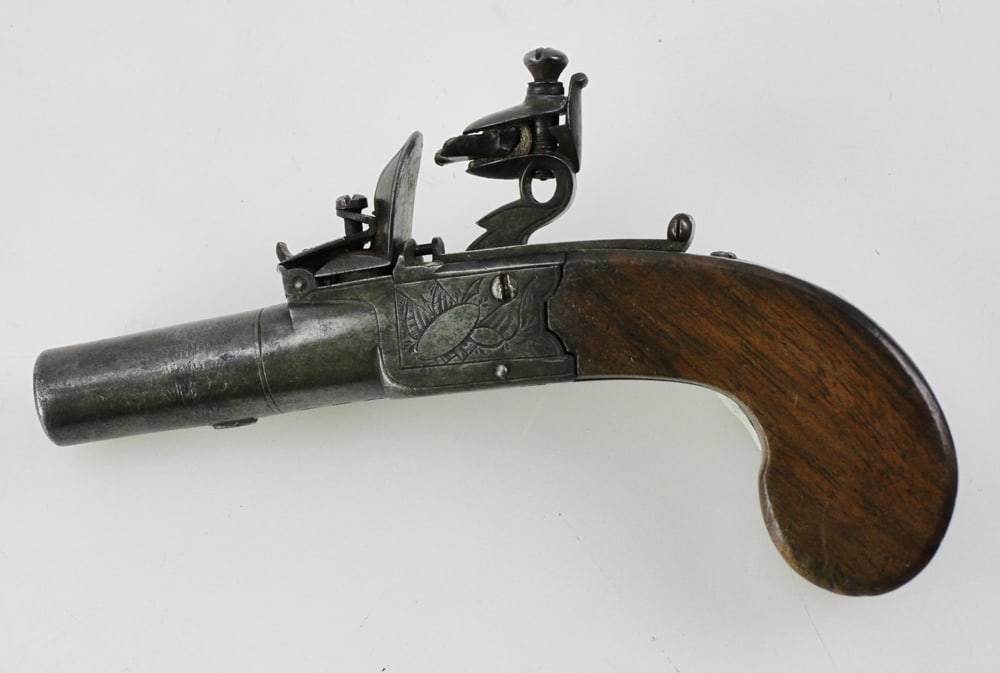 English Flintlock Pepperbox Pistol, Circa 1830s: English flintlock pepperbox pistol, circa 1830s, 6" L.