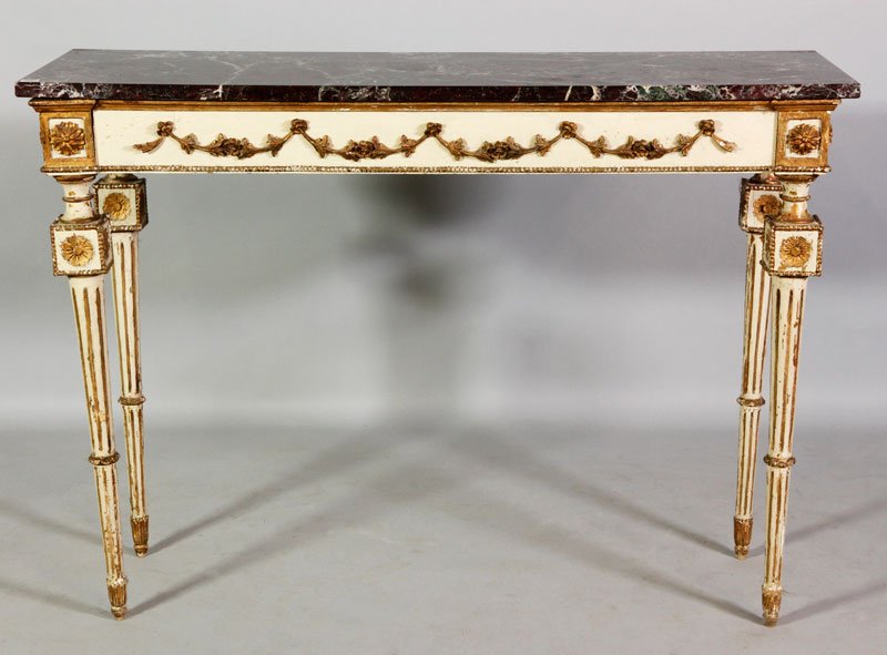 19th C. Italian Gilt and Marble Top Table: 19th century, Italian, marble top pier table, gilt and painted, 34"h x 48"w x 16"d.