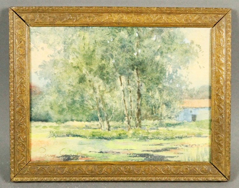 Gray, Landscape, W/C: Percy Gray (American 1869-1952), landscape, watercolor on board, signed lower left, 6"h x 6"w (view), 7 1/2"h x 9 1/2"w (frame).