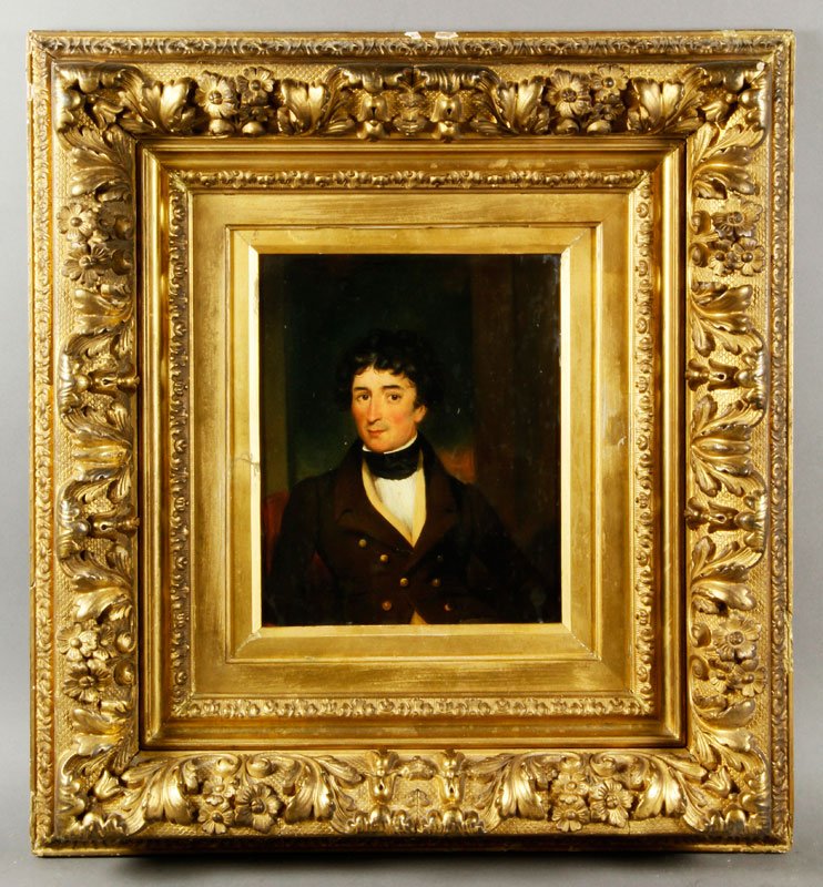 19th C. "Portrait of a Gentleman," O/P: 19th century School of Thomas Gainsborough "Portrait of a Gentleman" in an ornate gold frame, unsigned, no signs of restoration with black light, 12 1/4"h x 10 1/8"w (view), 22 1/4"h x 20 1/8"w (frame