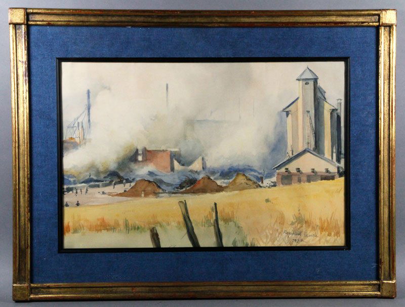 Marsh, New York, W/C: Reginald Marsh, watercolor, New York WPA industrial painting, Frank Rehn, New York, 5th Ave, gallery label on back. 13" x 19".