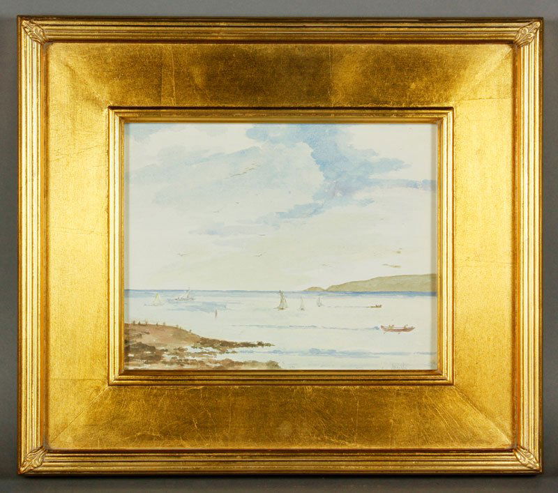 Marsh, Coastal Scene, W/C: Reginald Marsh (American 1898-1954), coastal scene, watercolor, signed in pencil lower right, 8"h x 10"w (view), 14"h x 16"w (frame).