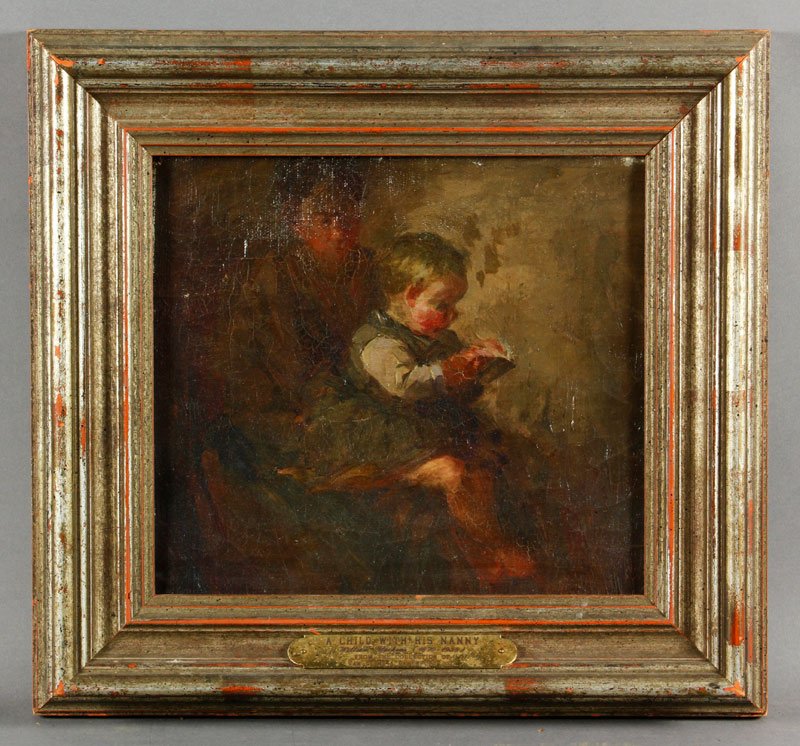 Glackens, "A Child with His Nanny", O/C: William Glackens (American 1870-1938), "A Child with His Nanny", oil on canvas, unsigned, 9"h x 10"w (view), 13 1/2"h x 14 1/2"w (frame). Craquelure.