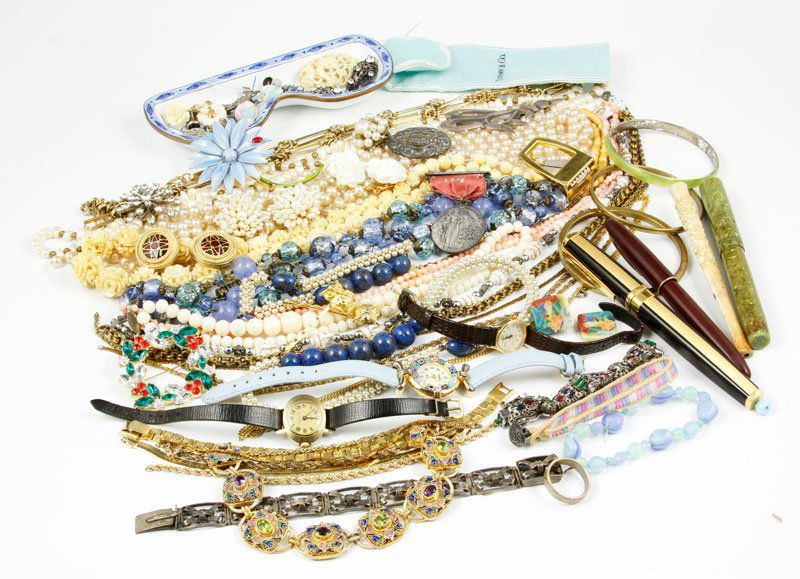 Lot of Non-Precious Metal Jewelry: Lot of non-precious metal items, to include: Waterman fountain pen, with Waterman "Ideal" nib, Timex and Venice watches, operational condition unknown, faux pearl necklace without clasp, Chinese ename