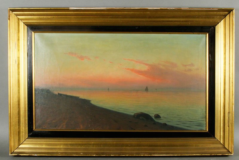20th C. "Luminist Sunset with Ships off the Coast," O/C: 20th century, signed A. Wang (Denmark Albert Wang 1864 - 1930) "Luminist Sunset with Ships off the Coast," oil on canvas, signed and dated in lower left, 1925, 15 1/2" x 17" (view) "22 1/2" x 35".