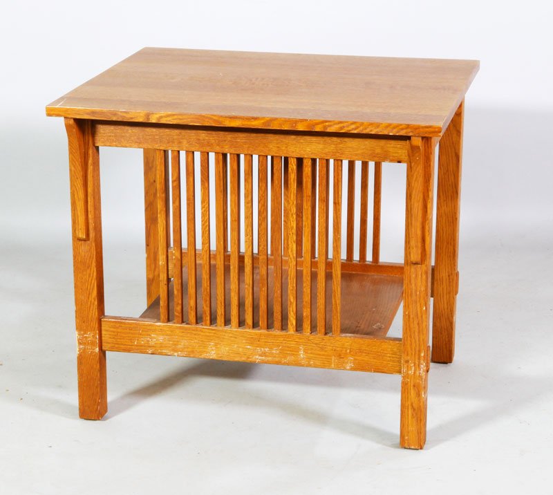 Stickley Oak Table: Modern Stickley, Mission rectangular table, oak, with flat slats at each side and shelf below, 23"h x 26"w x 22"d.
