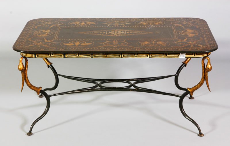 French Empire Metal Coffee Table: French Empire coffee table, metal with swan head legs and tole ware top, 17 1/2"h x 37"l x 23 1/2"d. Some surface damage to top.