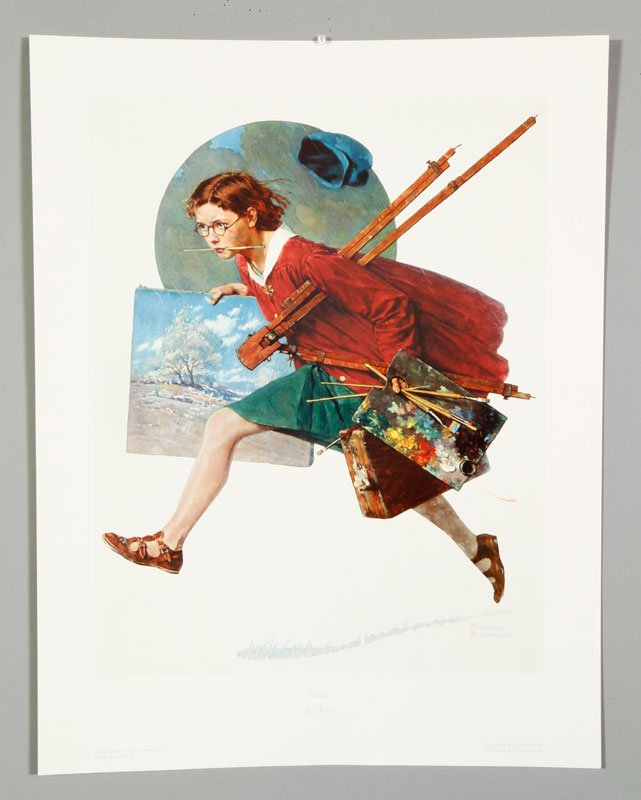 5 Rockwell Collotypes: Lot of five Norman Rockwell collotypes, to include: "Wet Paint", "Self Portrait", "High Dive", "The Discovery", "Shuffleton's Barber Shop", unframed, 34 3/4"h x 29 1/8"w (largest).