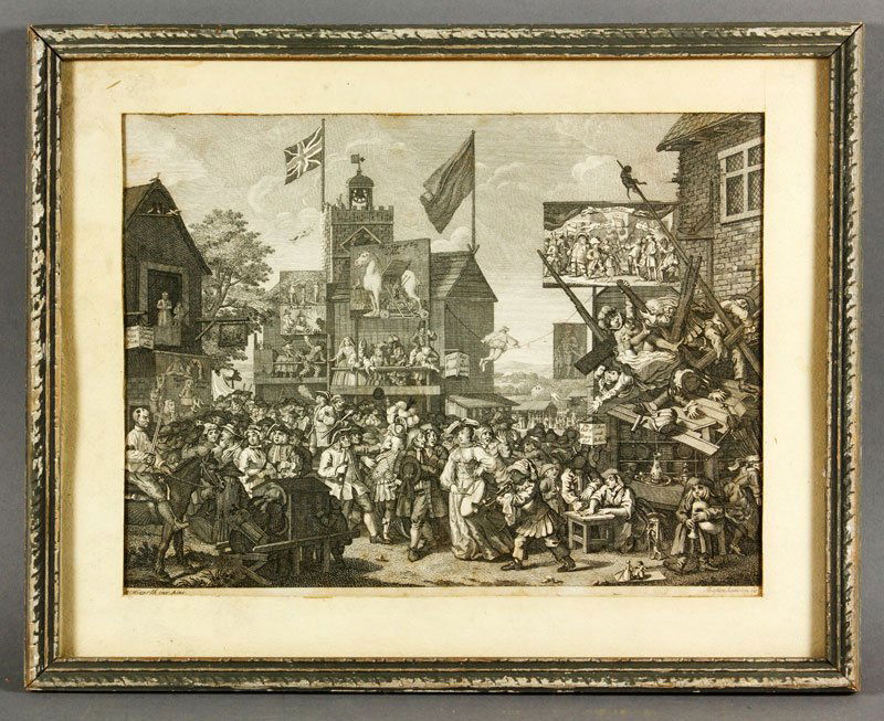 2 Prints by Hogarth: Lot of two prints by William Hogarth, to include: "Southwark Fair", circa 1733, 9"h x 12"w; "The Invasion", plate 2, circa 1756, 12"h x 15"w.