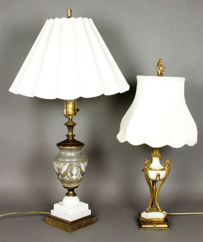 Lot of 2 Lamps: Lot of two lamps, one with alabaster urn and classical figures, 21"h, the other a glass enameled lamp, 33"h.
