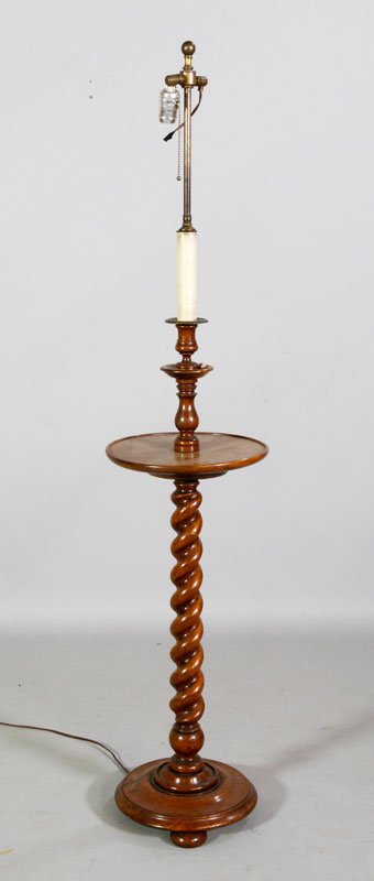 Mahogany Floor Lamp: Floor lamp, mahogany, with round dish top centrally, turned shaft, all on tripod feet, 57"h x 12 1/4"dia.
