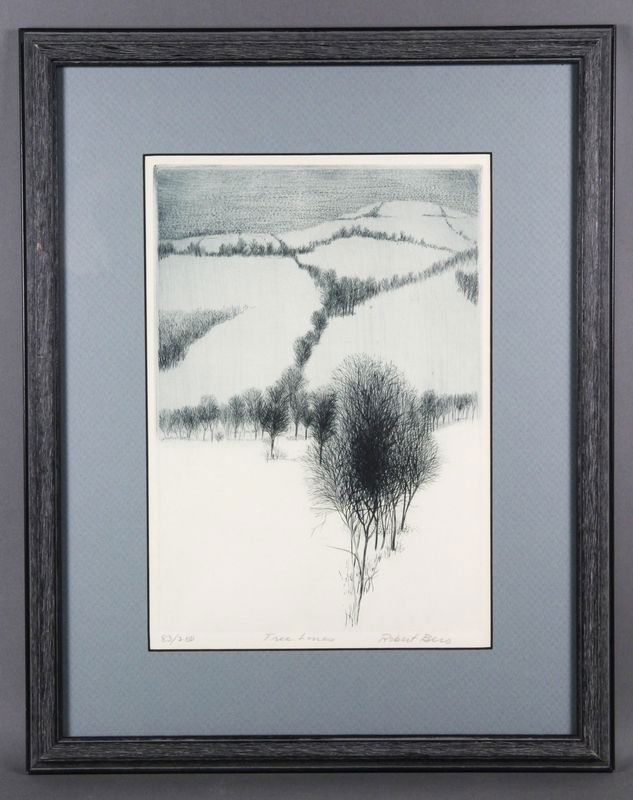 Etching of Winter Landscape: Etching of winter landscape in black and white with bar trees outlining fields, signed along bottom edge "Tree Lines - 83/250 - Robert Bero" (American 1941–2007), 13"h x 9"w (sight), 20"h x 16"w (fr