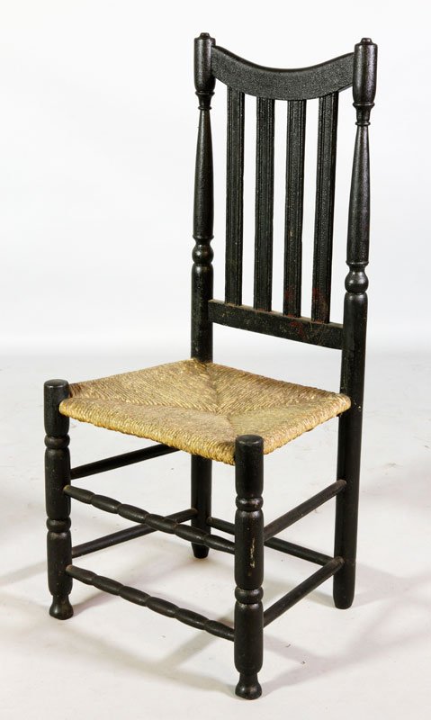 18th C. English Railback Chair: English railback rush seat chair, label "Saml. Titus & Mary Jackson great grandparents of Pheobe Titus, wife of Thomas Taber", circa 1725, 40"h, 17"h (seat height) x 18 1/2"w x 16"d. Provenance: Dr. P