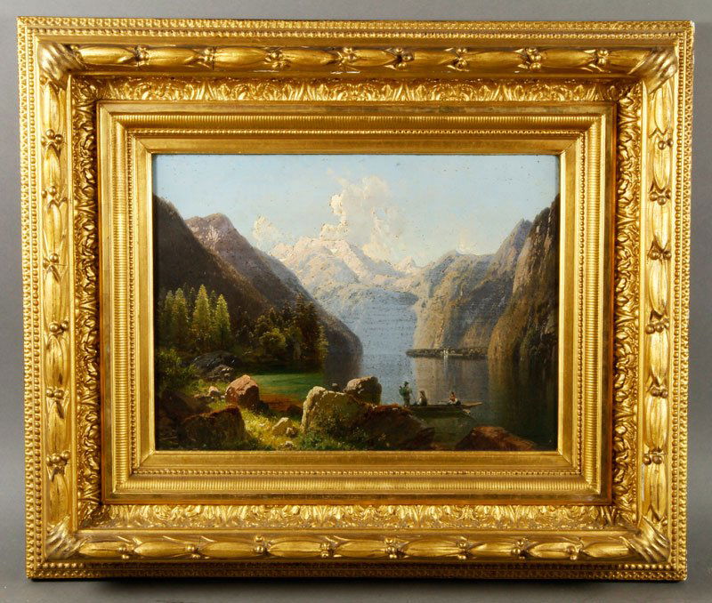Alpine Scene, O/C: Alpine scene with boaters, oil on canvas, signed lower right possibly "A. Warner", 1882, 9 1/2"h x 13"w (view), 17 1/2"h x 21"w (frame).