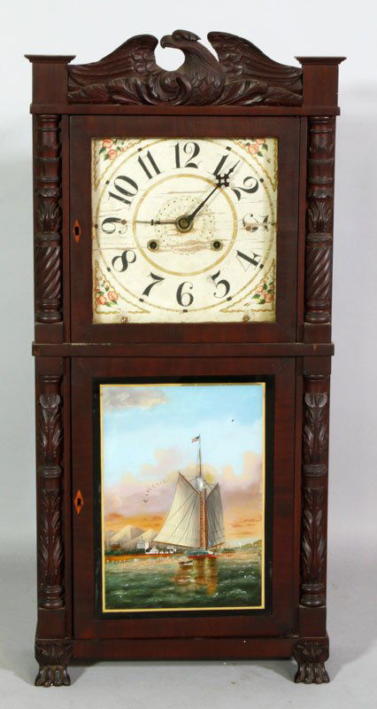 19th C. Joseph A. Wells Shelf Clock: Mid 19th century, American, Joseph A. Wells shelf clock with time strike and hand carved mahogany case, reverse painted tabernacle eagle finial, 37"h x 17"w x 6 1/2"d. Provenance: Dr. Paul and Ann Gar