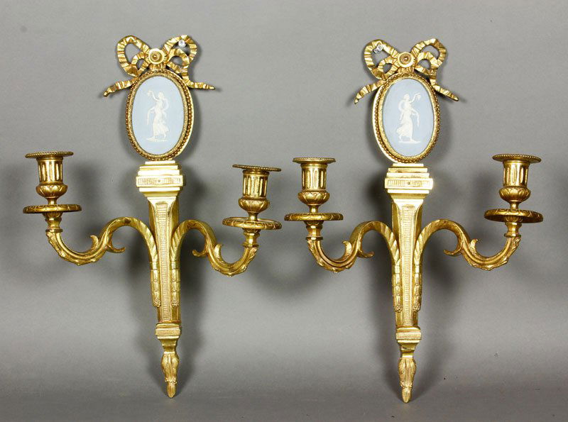 Pair of Brass Wall Sconces: Pair of brass wall sconces, gilt with classical figures in jasperware lozenges, 18"h.