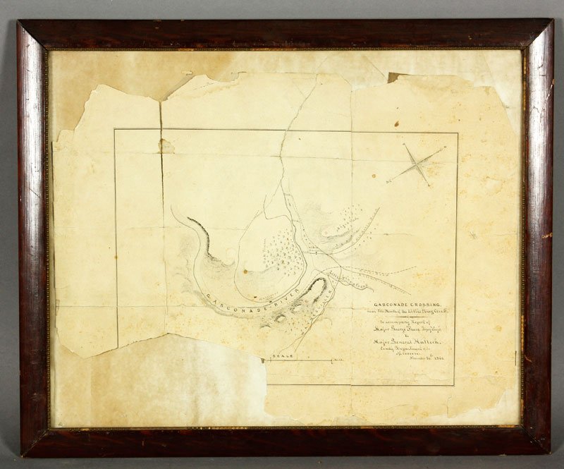 Major Thom Civil War Military Topographical Map: Civil War original 1861 military topographical map of Missouri at the Gasconade River crossing near the mouth of Little Pine Creek with railroad, other roads and map compass, by Major George Thom, Top