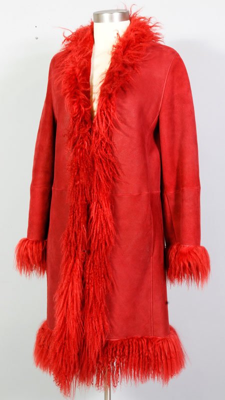 2 Women's Winter Coats: Two women's winter coats, to include: Andrew Marc, leather belted jacket with raccoon fur collar, quilted lining, approximately size 2-4; Conbipel Vera Pelle, red shearling coat, made in Turkey, appro