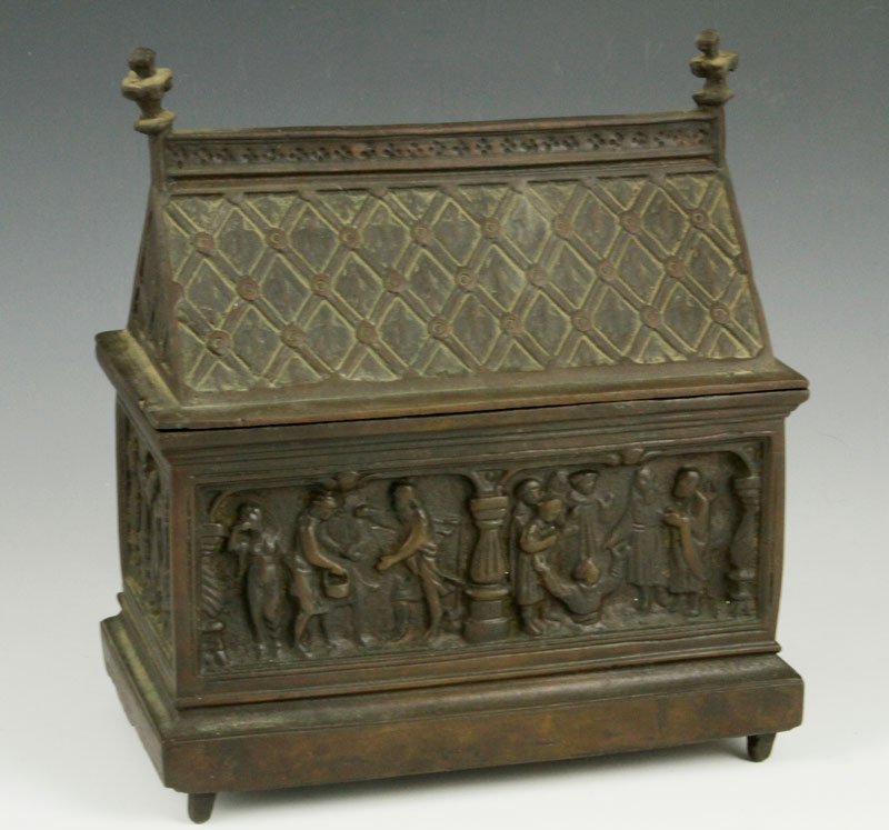 Medieval French Reliquary Bronze: Medieval French reliquary bronze, 8 3/4"h x 8"w x 4 1/4"d. Provenance: Dr. Paul and Ann Gardner New of Marblehead, MA were world travelers and big game hunters who lived in England, Africa, and the US