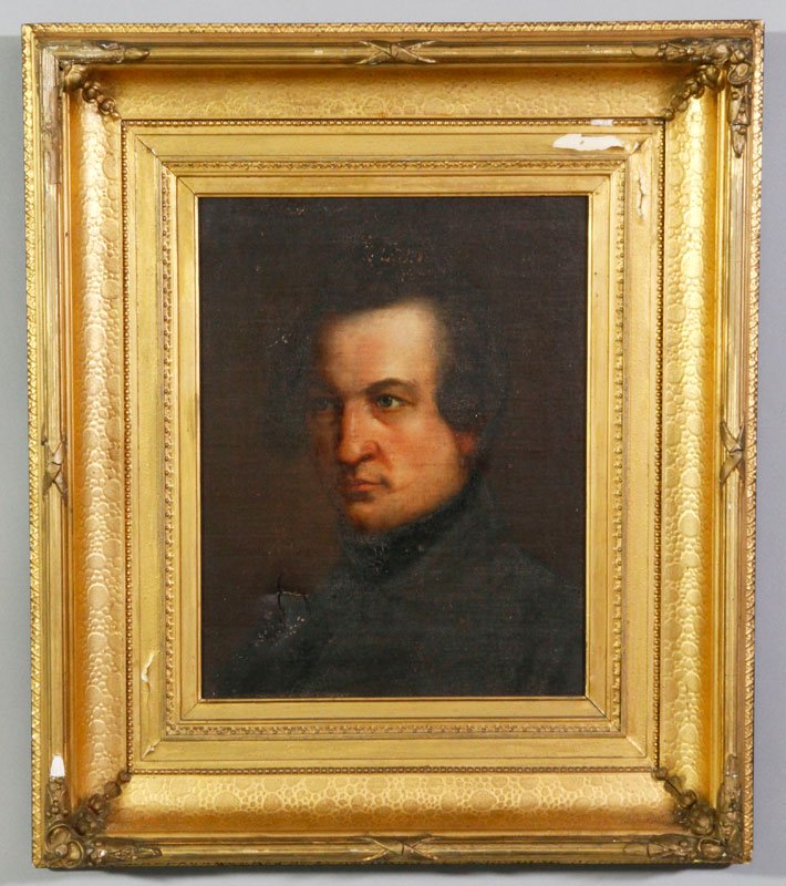 19th C. Portrait of Karl Heinzen, O/C: 19th century, German School, portrait of Karl Heinzen, oil on canvas, unsigned, 18"h x 14"w (view), 30"h x 26"w (frame). From the Heizen family who were married with the Louis Prang family. Puncture a