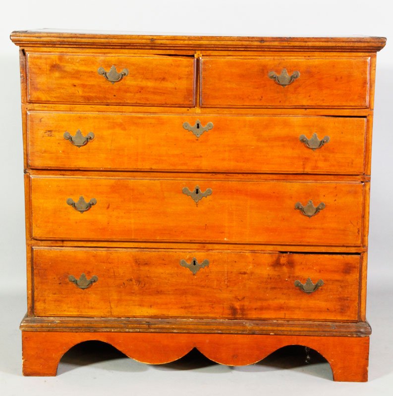 18th/19th C. Chippendale 2/3 Drawer Chest: 18th/19th century, Chippendale 2/3 drawer chest having dovetail joinery hardwood, 39"h x 41"w x 19"d. Some chips to drawer fronts. Provenance: Dr. Paul and Ann Gardner New of Marblehead, MA were world