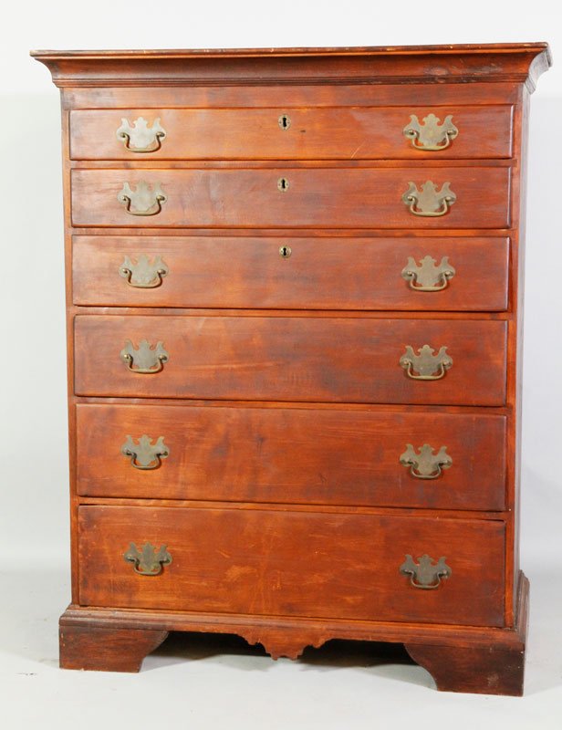 18th/19th C. New England Birch Tall Chest: 18th/19th century, American, New England tall chest with six graduated drawers, birch, 50"h x 39 1/2"w x 19 1/2"d. Provenance: Dr. Paul and Ann Gardner New of Marblehead, MA were world travelers and b