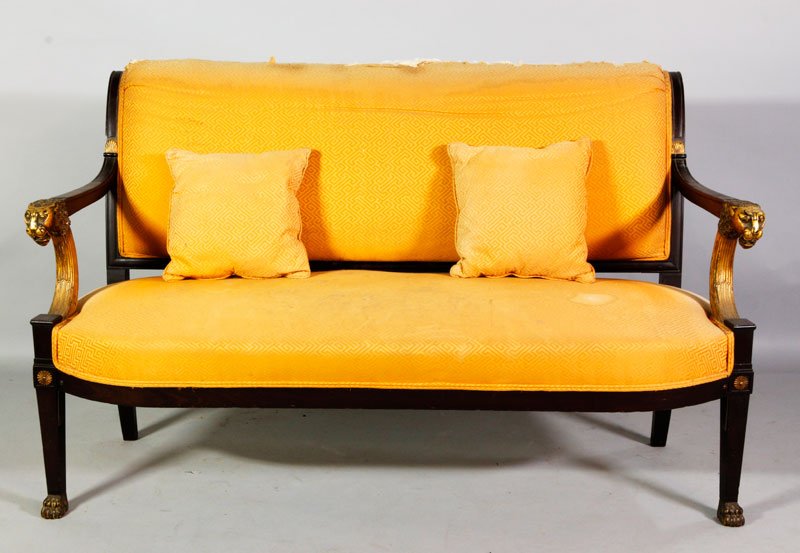 19th C. French Empire Upholstered Settee: 19th century, French Empire upholstered settee, lion head arms, 35"h, 17"h (seat) x 58 1/2"w x 28"d. Provenance: Dr. Paul and Ann Gardner New of Marblehead, MA were world travelers and big game hunter