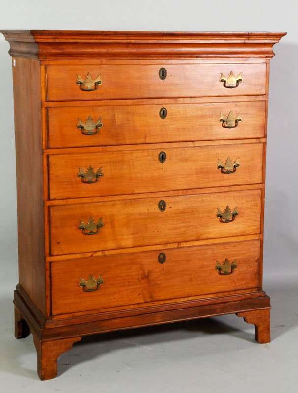 18th/19th C. American Tall Chest: 18th/19th century, American tall chest with five drawers, birch, bracket feet, 50"h x 39 1/2"w x 20"d. Provenance: Dr. Paul and Ann Gardner New of Marblehead, MA were world travelers and big game hunt