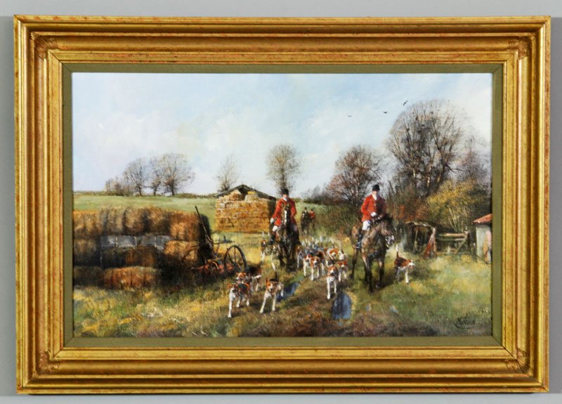 Madgwick, "Hunt Scene", O/C: 20th century, Clive Madgwick (English 1924-2005), RBA "Hunt Scene", oil on canvas, gallery tag verso, signed lower right, 14"h x 22"w (view), 19"h x 27"w (frame). Provenance: Dr. Paul and Ann Gardner 