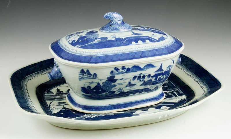 Chinese Export Canton Ware: Chinese Export Canton ware taurine and platter, 18 1/2"l x 15"w (platter). Provenance: Dr. Paul and Ann Gardner New of Marblehead, MA were world travelers and big game hunters who lived in England, Af