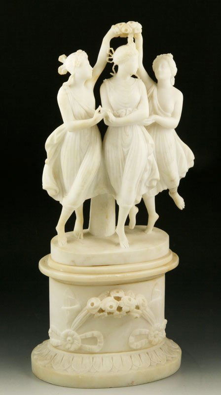 19th C. Alabaster Sculpture of 3 Classical Women: Late 19th century, Sculpture of three dancing classical women, alabaster, 17"h x 8"w. In 4 pieces.