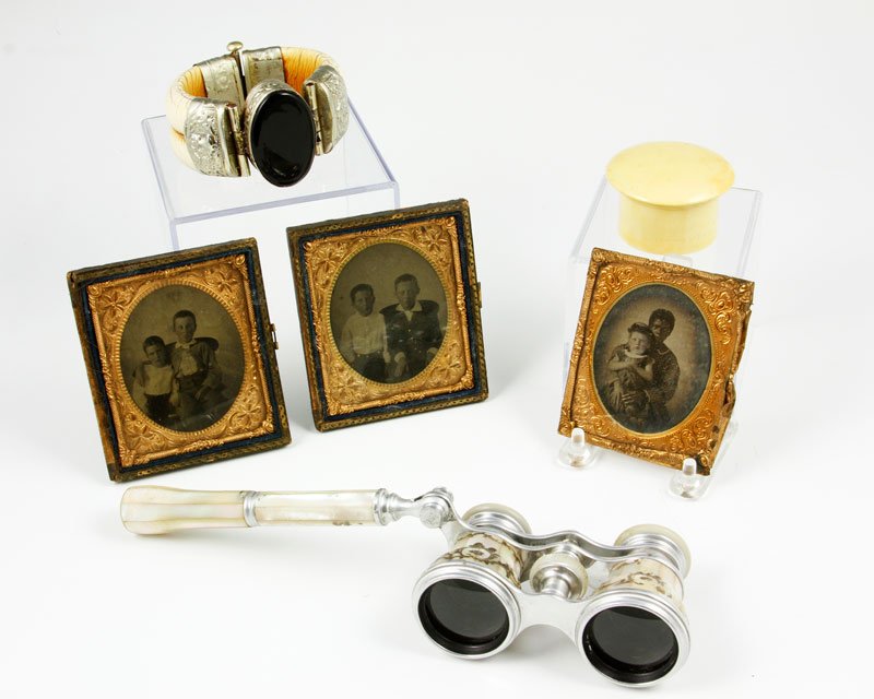 Lot of Metal & Ivory Items: Lot of items to include: three old tintype photos from Nashville, 4"w opera glasses having mother of pearl decoration, one irovy bracelet, and one round ivory pin box.