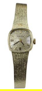 Ladies' 14k Yellow Gold Rolex Watch: Ladies' 14k yellow gold Rolex watch, face 5/8" x 5/8" diameter. Approximately 24.06 grams. Provenance: Newburyport, Massachusetts collection. PLEASE NOTE: payment for silver, gold, jewelry, and coins