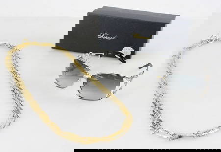 Chanel Goldplated Necklace, Chopard Sunglasses: Chanel goldplated necklace, 34" L, and a pair of Chopard sunglasses with box and paperwork. Provenance: Marblehead, Massachusetts collection.