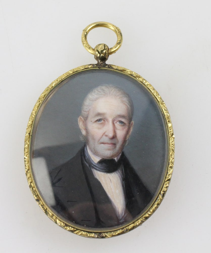Hand-Painted Oil on Bone Portrait of Old Man: Hand-painted oil on bone portrait of old man, unsigned, with hair receiver and case. 2 1/2" H x 2" W. Provenance: Palm Beach, Florida estate.
