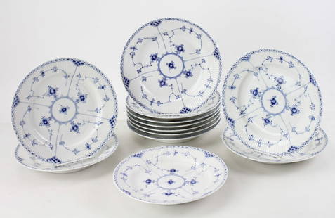 Royal Copenhagen "Fluted Half Lace" Dinner Plates: Set of (12) Royal Copenhagen "Fluted Half Lace" dinner plates, 10" diameter. Good condition. Provenance: Swampscott, Massachusetts collection.