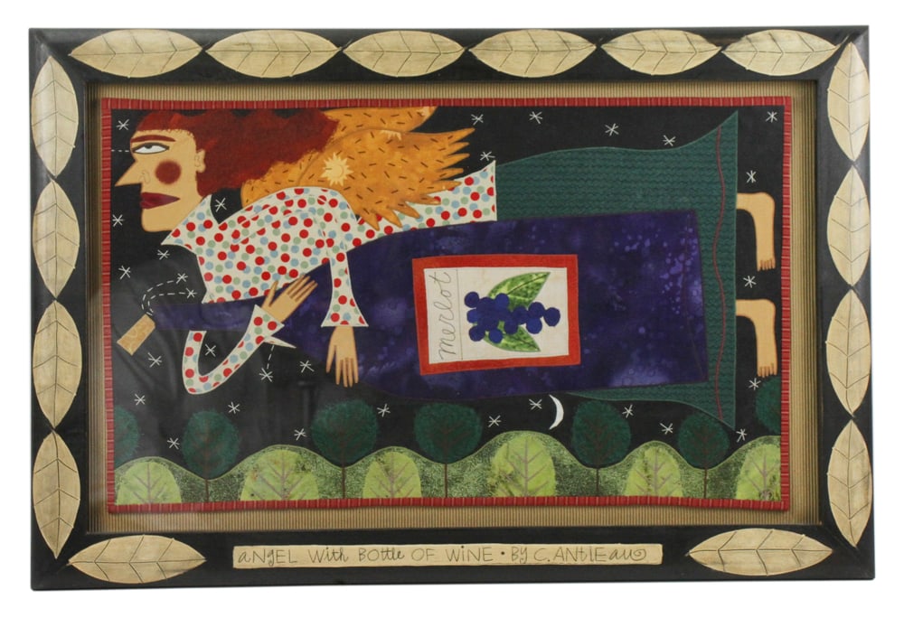 Chris Roberts-Antieau, Textile Art Angel with Wine: Chris Roberts-Antieau (American, b.1950), textile art "Angel with Bottle of Wine", 2003, 14" x 24", framed 20" x 29". Provenance: Chelmsford, Massachusetts collection.