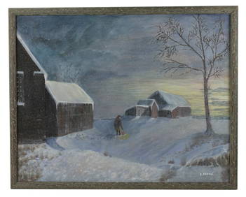 E. Aaron, Winter Scene Barn, Oil on Canvas (1 of 9)