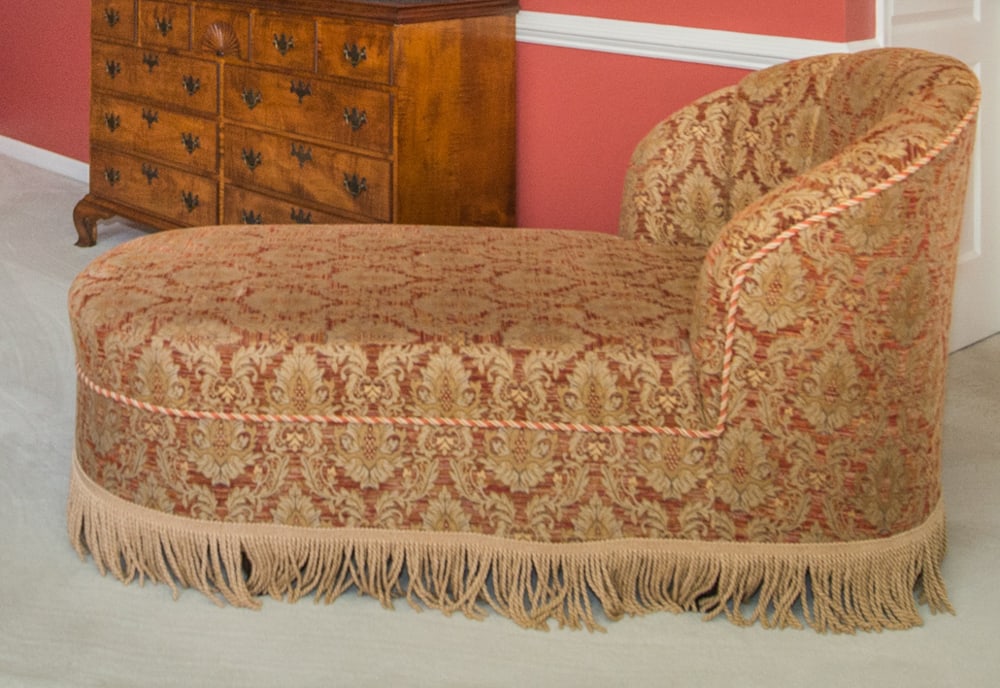 Finely Upholstered Chaise Lounge: Finely upholstered chaise lounge. Provenance: Salem, Massachusetts collection.