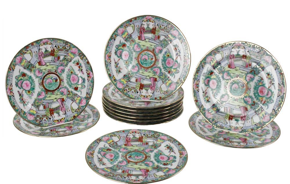 20thC Canton Famille Rose Plate, Flower, Butterfly: 20th century Canton Famille Rose plate with flower and butterfly plates 10 1/2" diameter. (12) pieces total. Provenance: York, Maine.