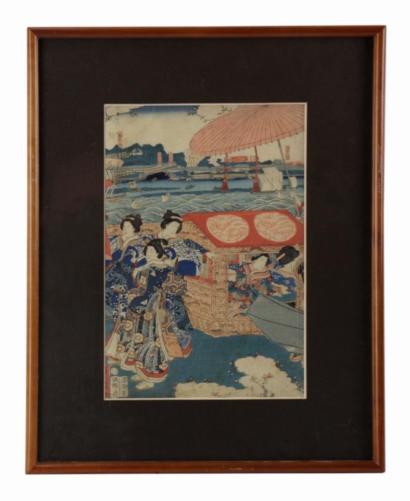 Sadahide, Colored Woodblock Print: Sadahide (1807-1873), colored woodblock print, 14" x 9", framed 20" x 16". Provenance: Beverly, Massachusetts collection.