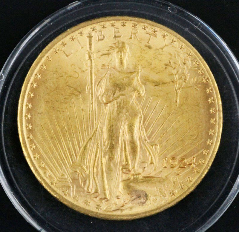 St. Gaudens $20 Gold Piece: 1924 St. Gaudens $20 gold piece, high grade.